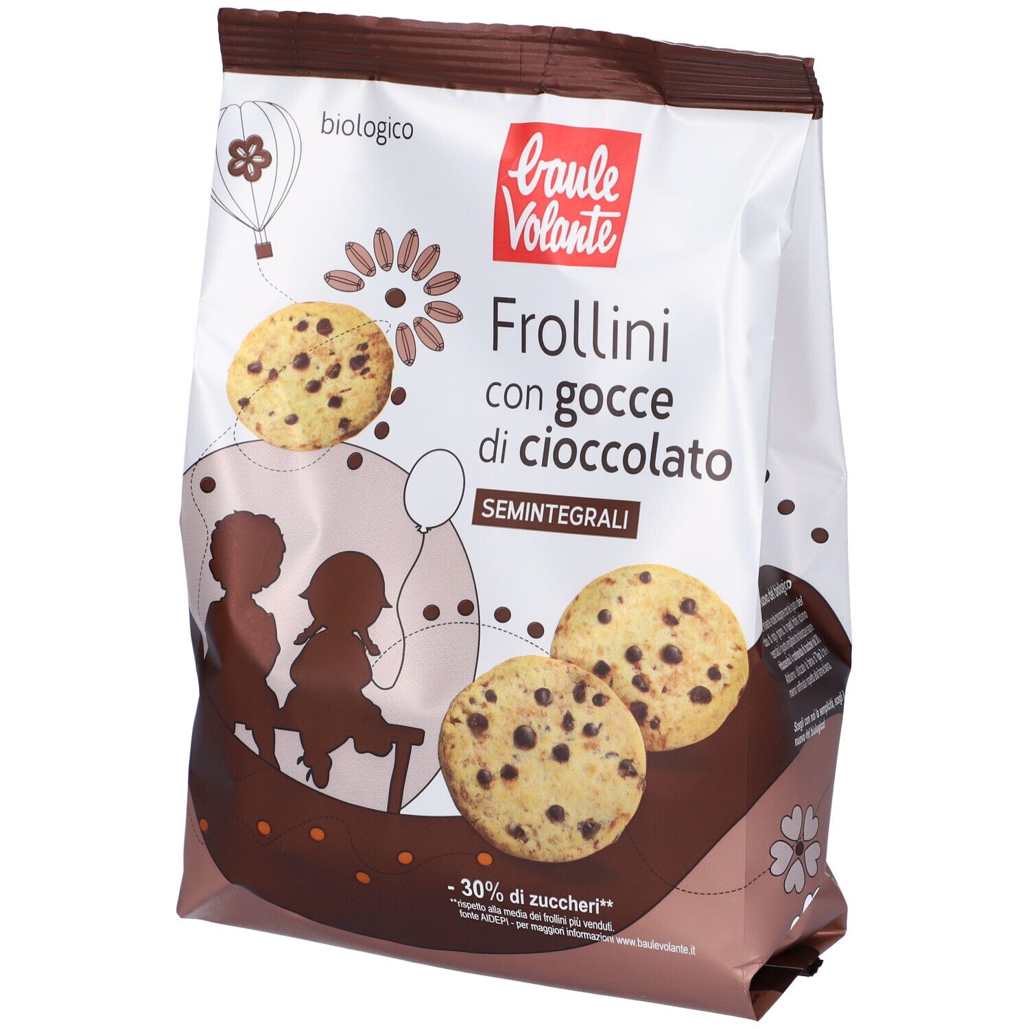 Confezione di Frollini con gocce di cioccolato. Marchio: Baule Volante. Scritta: biologico, semintegrali. Immagine di biscotti e bambini.