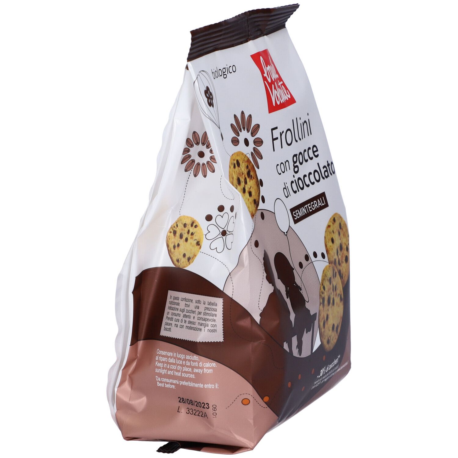 Confezione di Frollini con gocce di cioccolato. Marchio: Baule Volante. Scritta: biologico, semintegrali. Vista laterale.