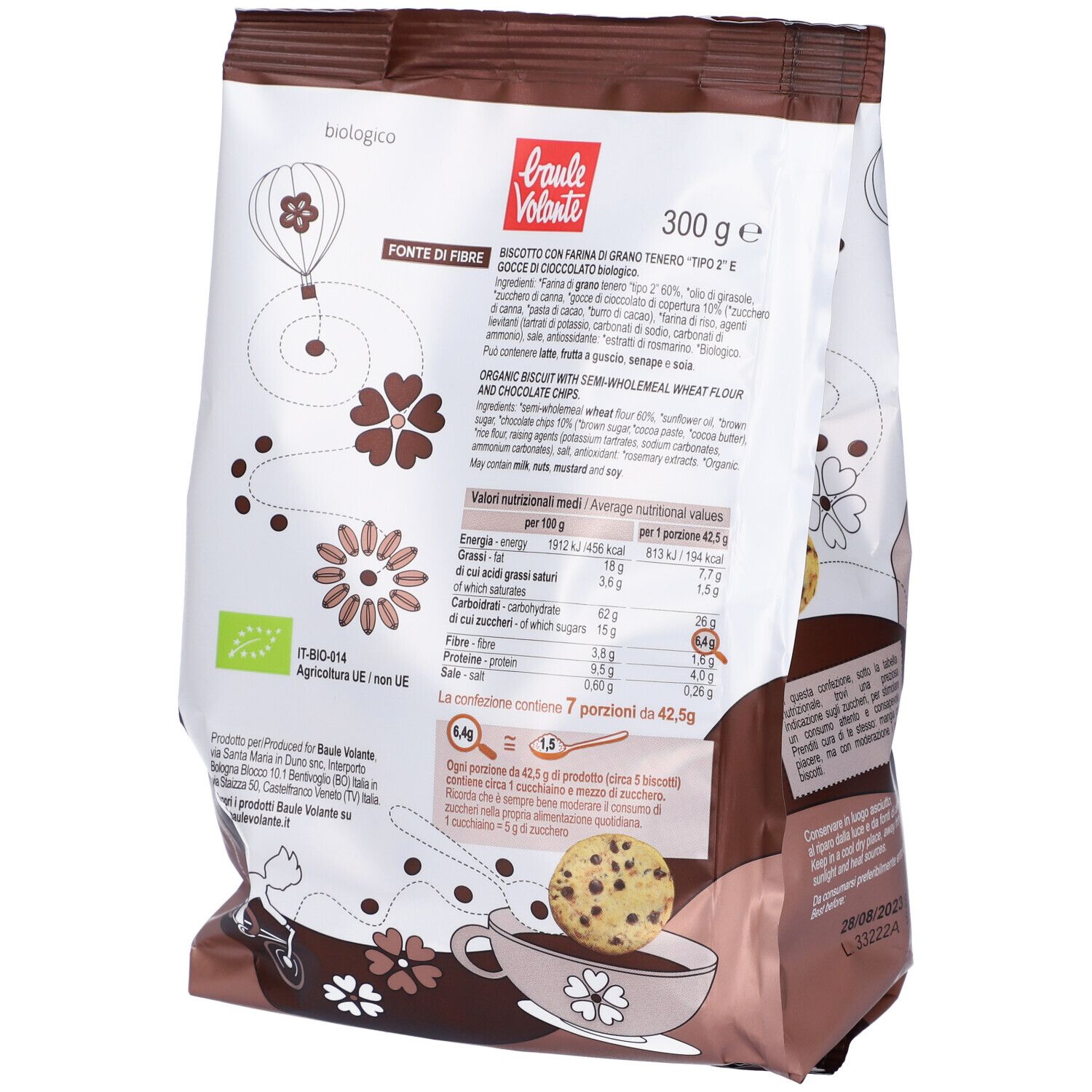 Retro della confezione di Frollini. Marchio: Baule Volante. Scritta: biologico, informazioni nutrizionali, ingredienti. 300g.