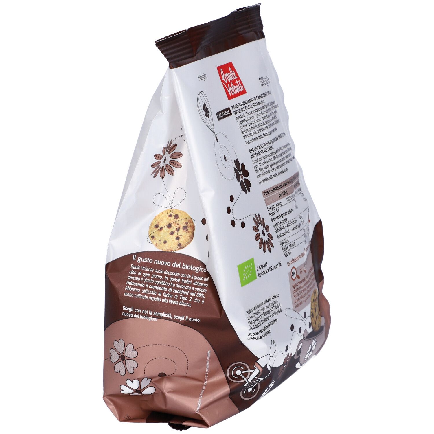 Vista laterale della confezione di Frollini. Marchio: Baule Volante. Scritta: biologico, informazioni nutrizionali, ingredienti. 300g.