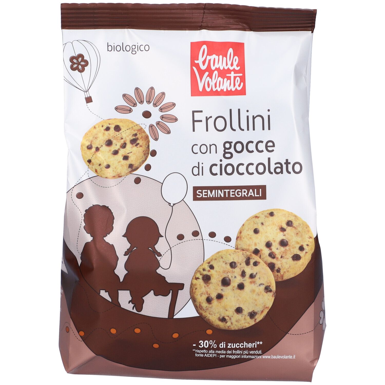 Confezione di Frollini con gocce di cioccolato. Marchio: Baule Volante. Scritta: biologico, semintegrali. Immagine di biscotti e bambini.