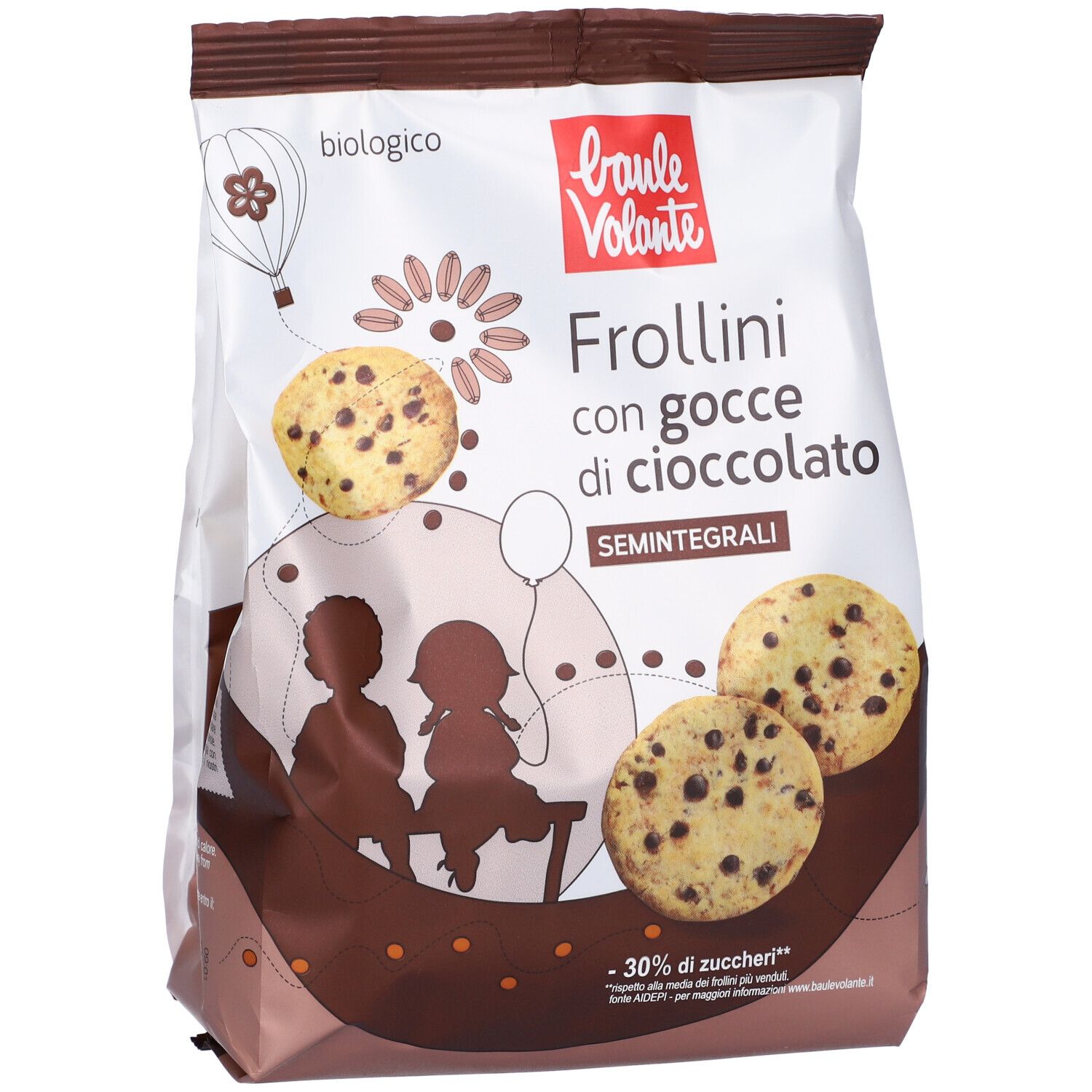 Confezione di Frollini con gocce di cioccolato. Marchio: Baule Volante. Scritta: biologico, semintegrali. Immagine di biscotti e bambini.