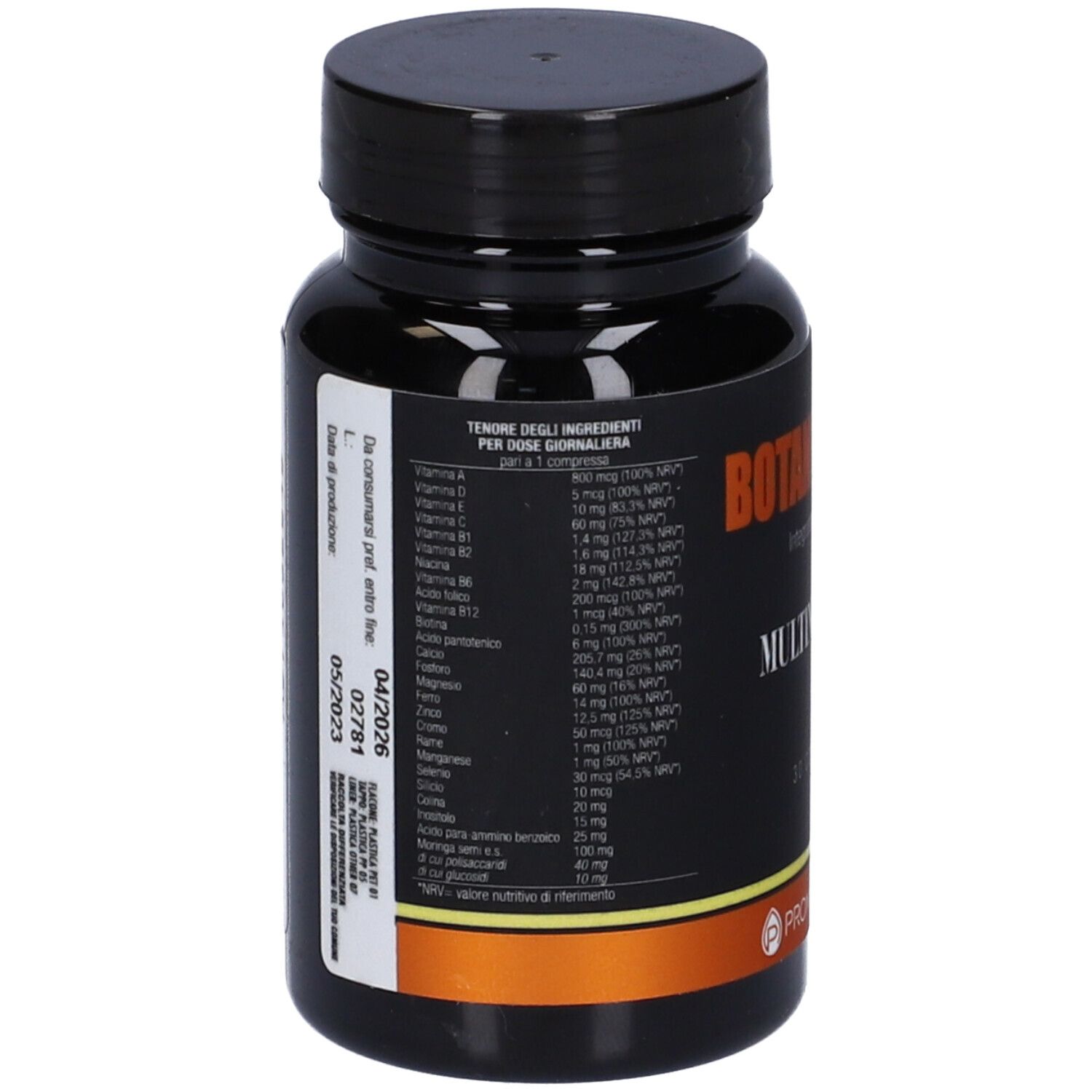 Retro del flacone nero. Elenco ingredienti e data di scadenza. Marchio PromoPharma®.