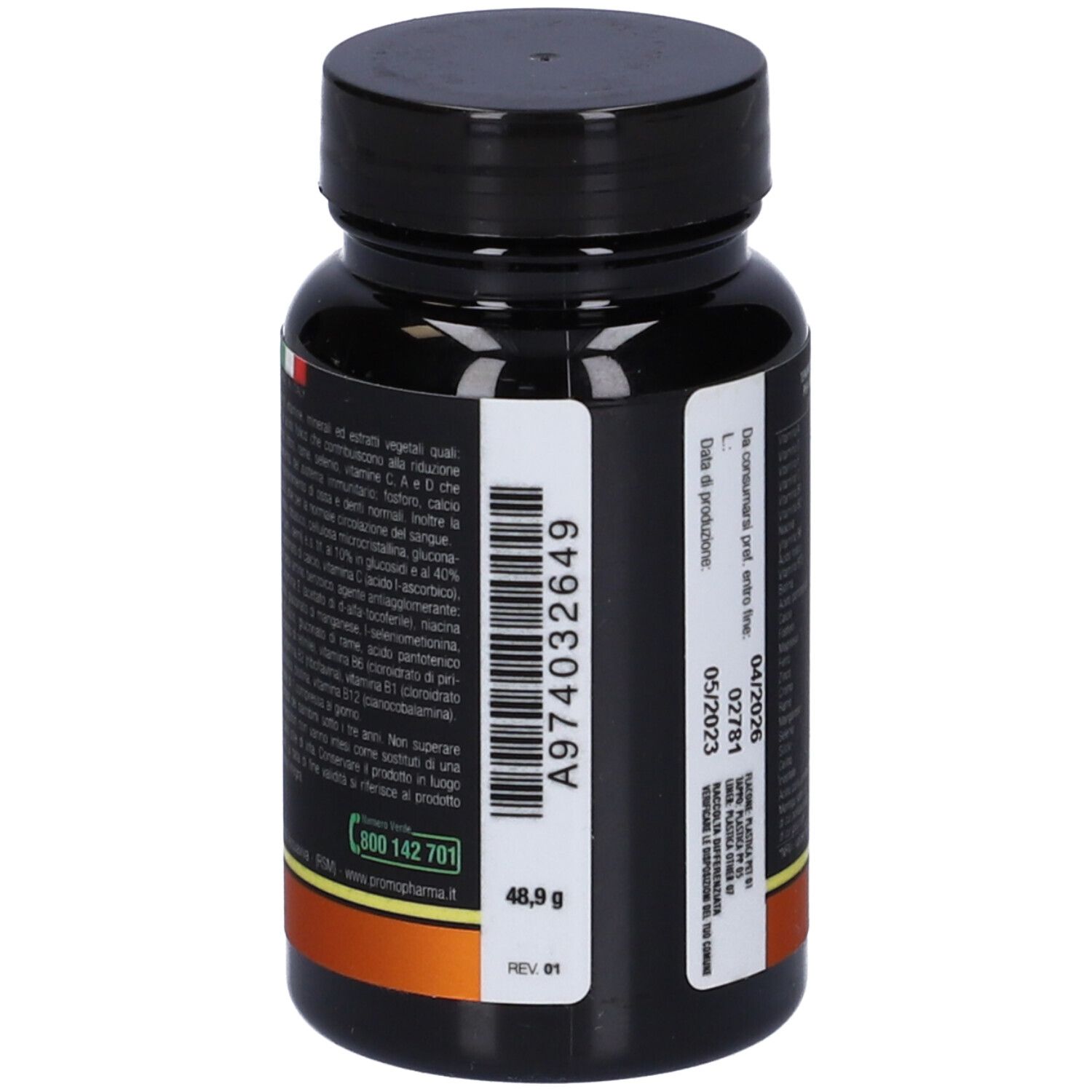 Flacone nero, etichetta con codice a barre e data di scadenza. Marchio PromoPharma®.