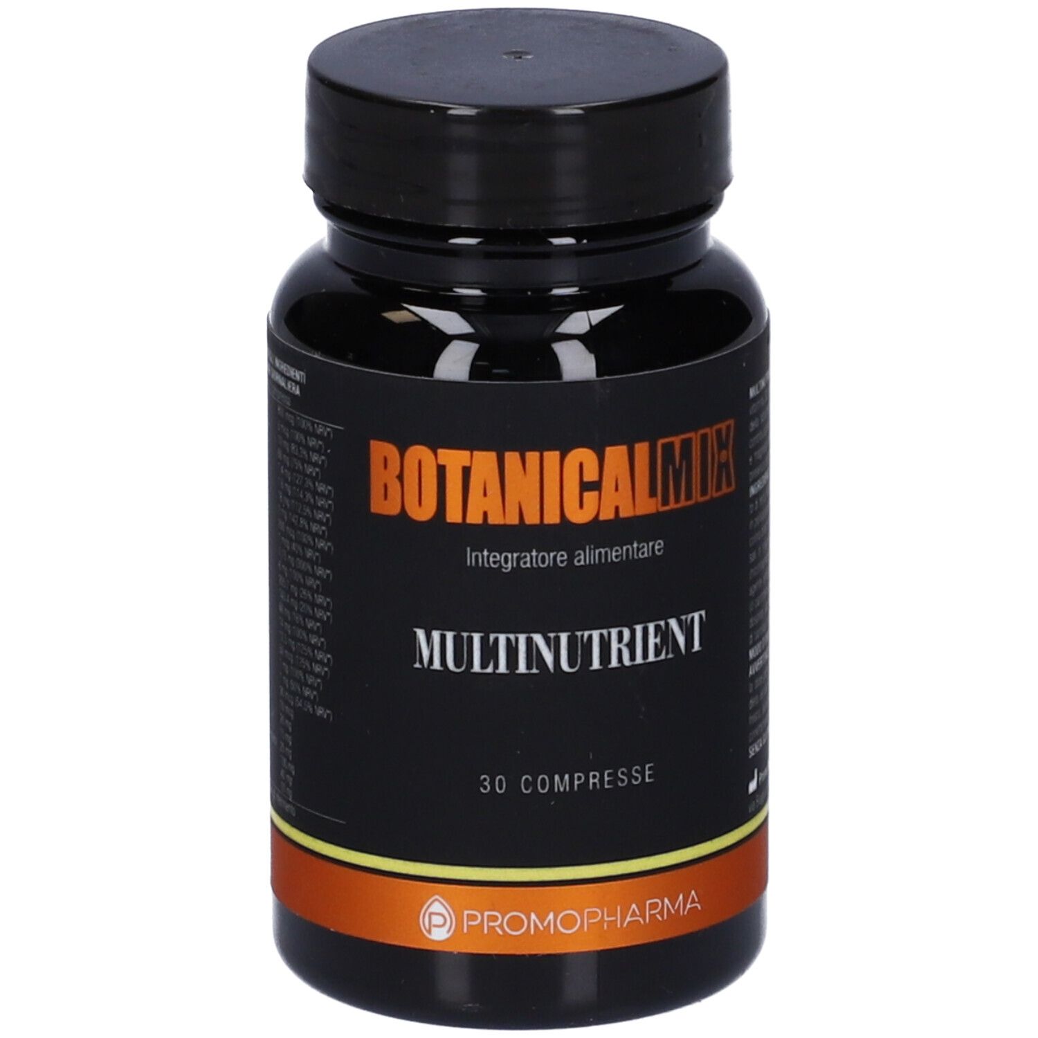 Flacone nero con scritta "BOTANICAL MIX MULTINUTRIENT". 30 compresse. Marchio PromoPharma®.
