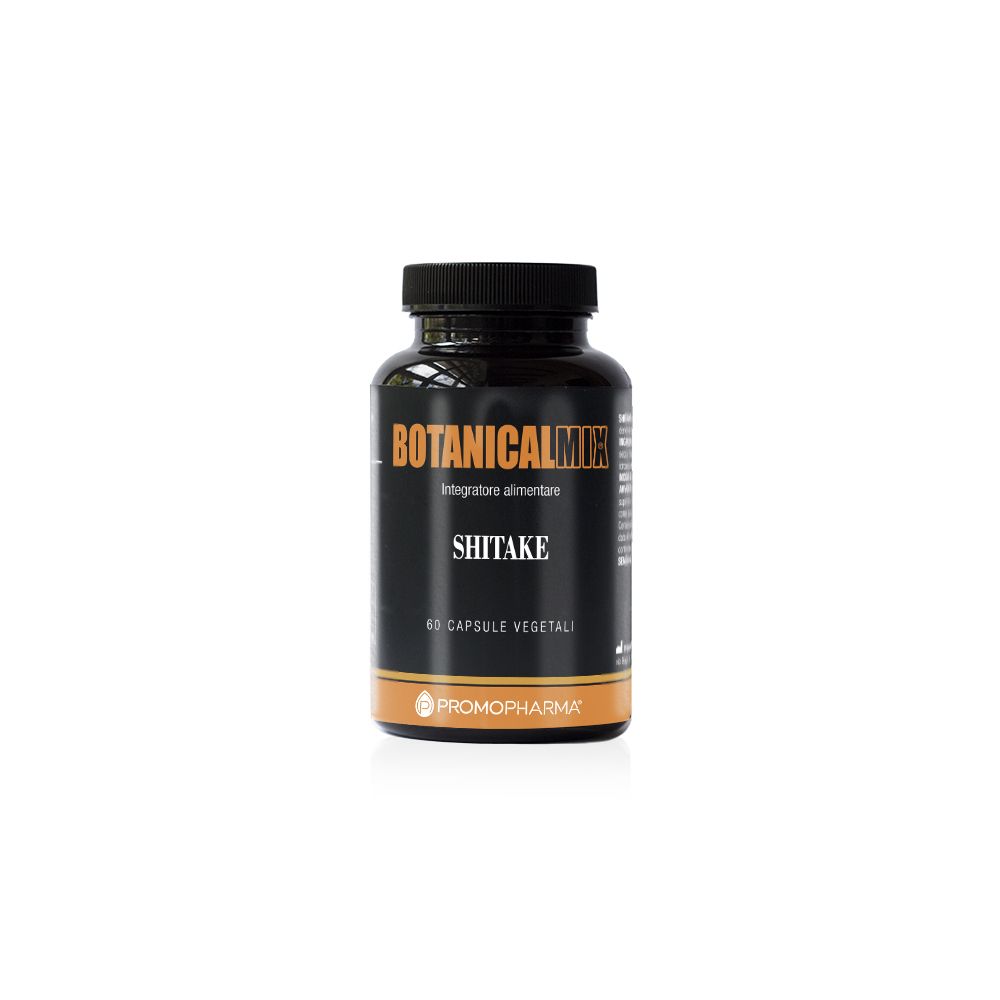 Flacone nero con capsule. Scritta: Botanical Mix Shitake. 60 capsule vegetali. Marchio PromoPharma.