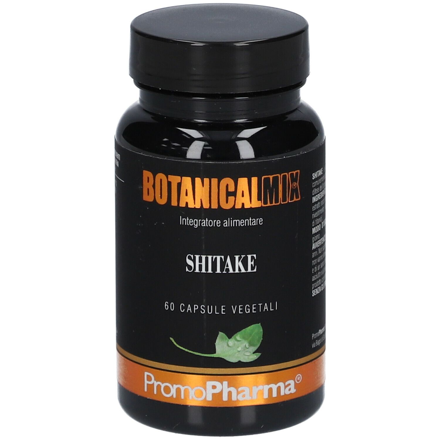 Flacone nero con capsule. Scritta: Botanical Mix Shitake. 60 capsule vegetali. Marchio PromoPharma.