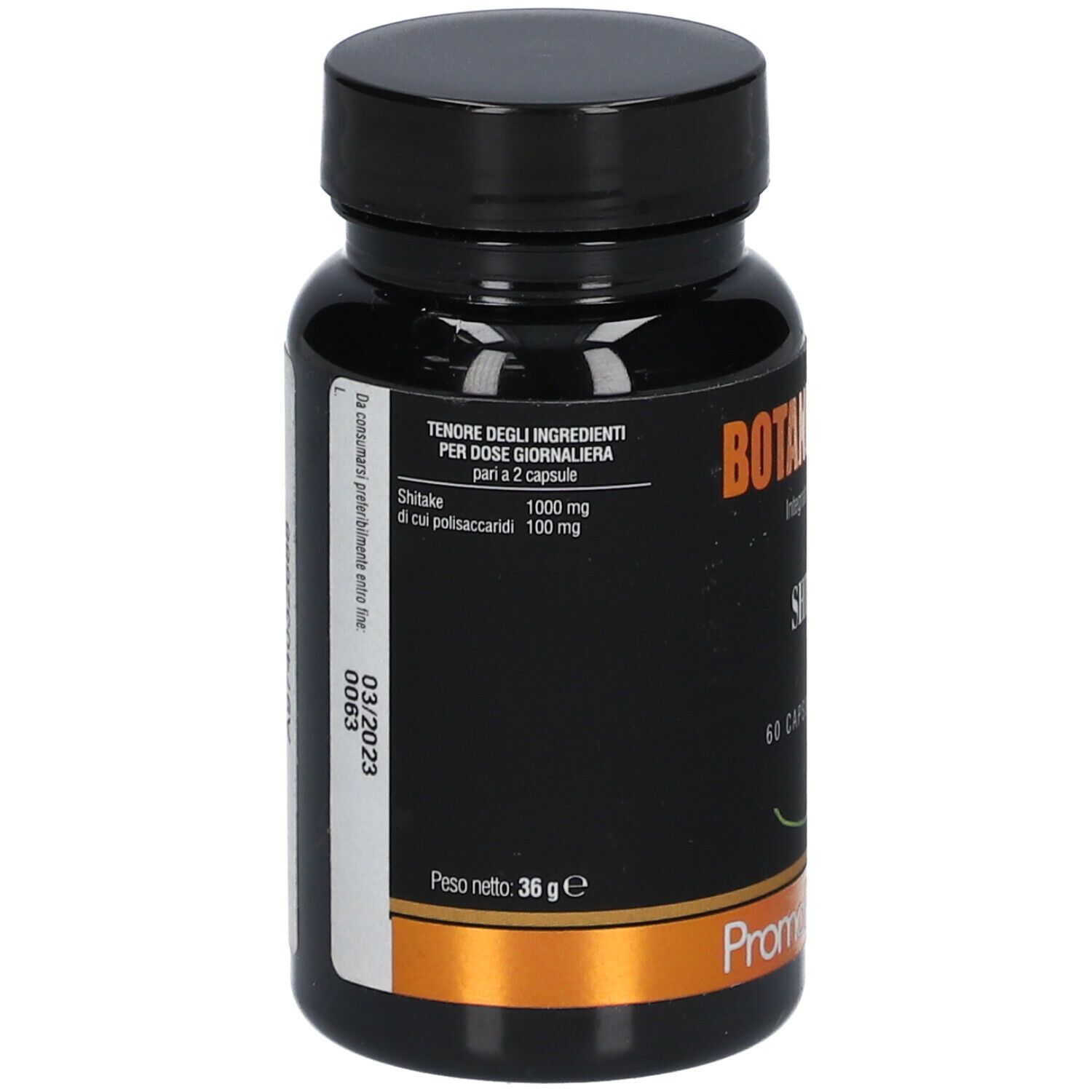 Retro del flacone con informazioni. Scritta: Shitake, 1000 mg. 60 capsule. Marchio PromoPharma.