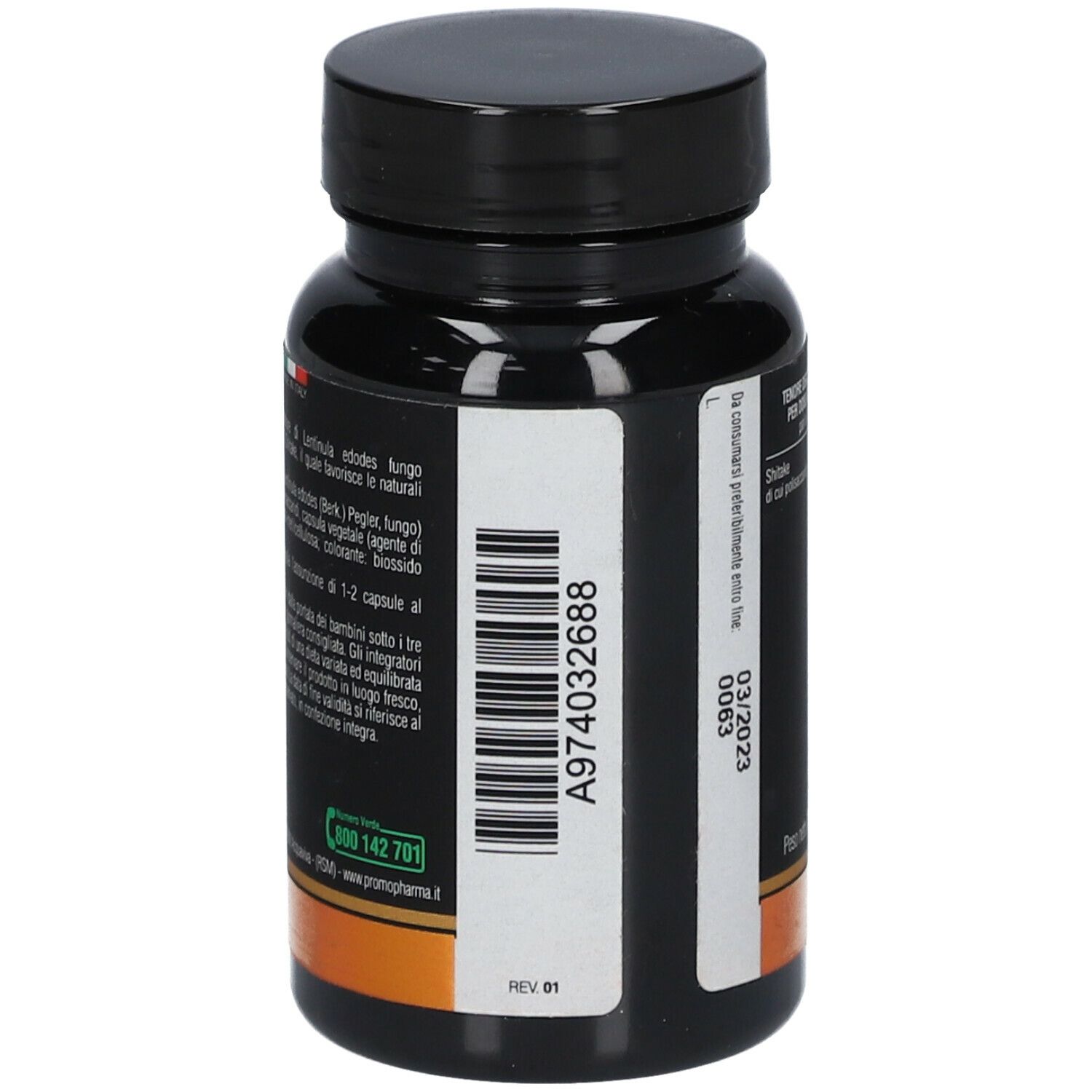 Retro del flacone con informazioni. Scritta: Shitake, 1000 mg. 60 capsule. Marchio PromoPharma.