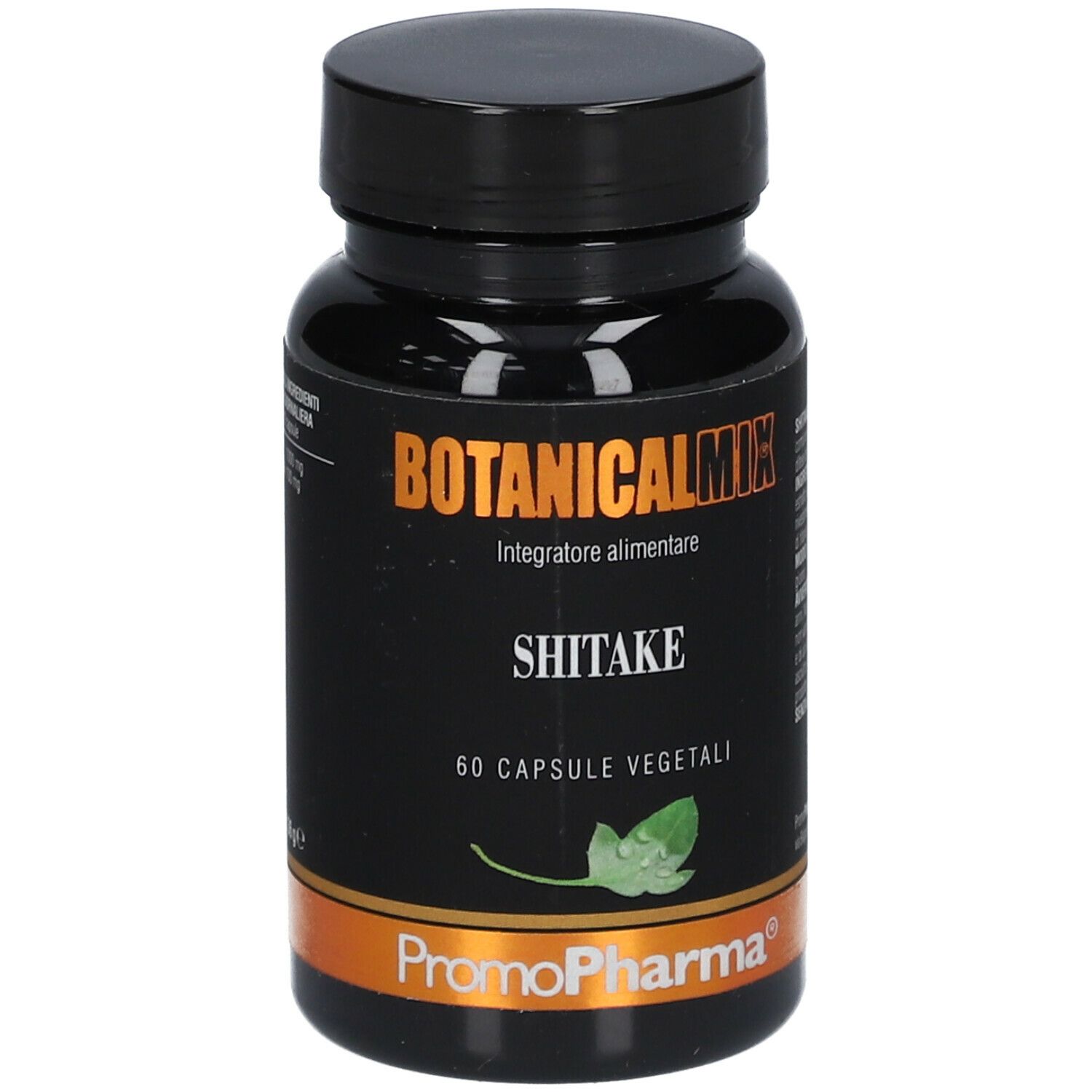 Flacone nero con capsule. Scritta: Botanical Mix Shitake. 60 capsule vegetali. Marchio PromoPharma.