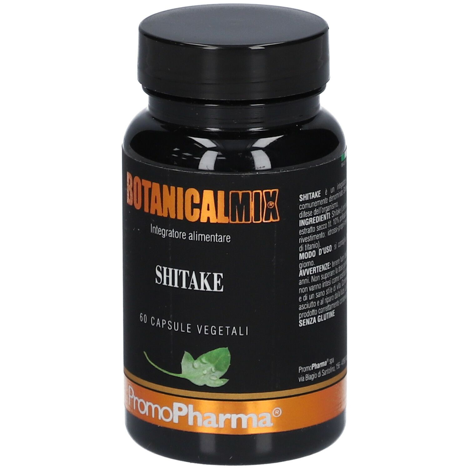 Flacone nero con capsule. Scritta: Botanical Mix Shitake. 60 capsule vegetali. Marchio PromoPharma.