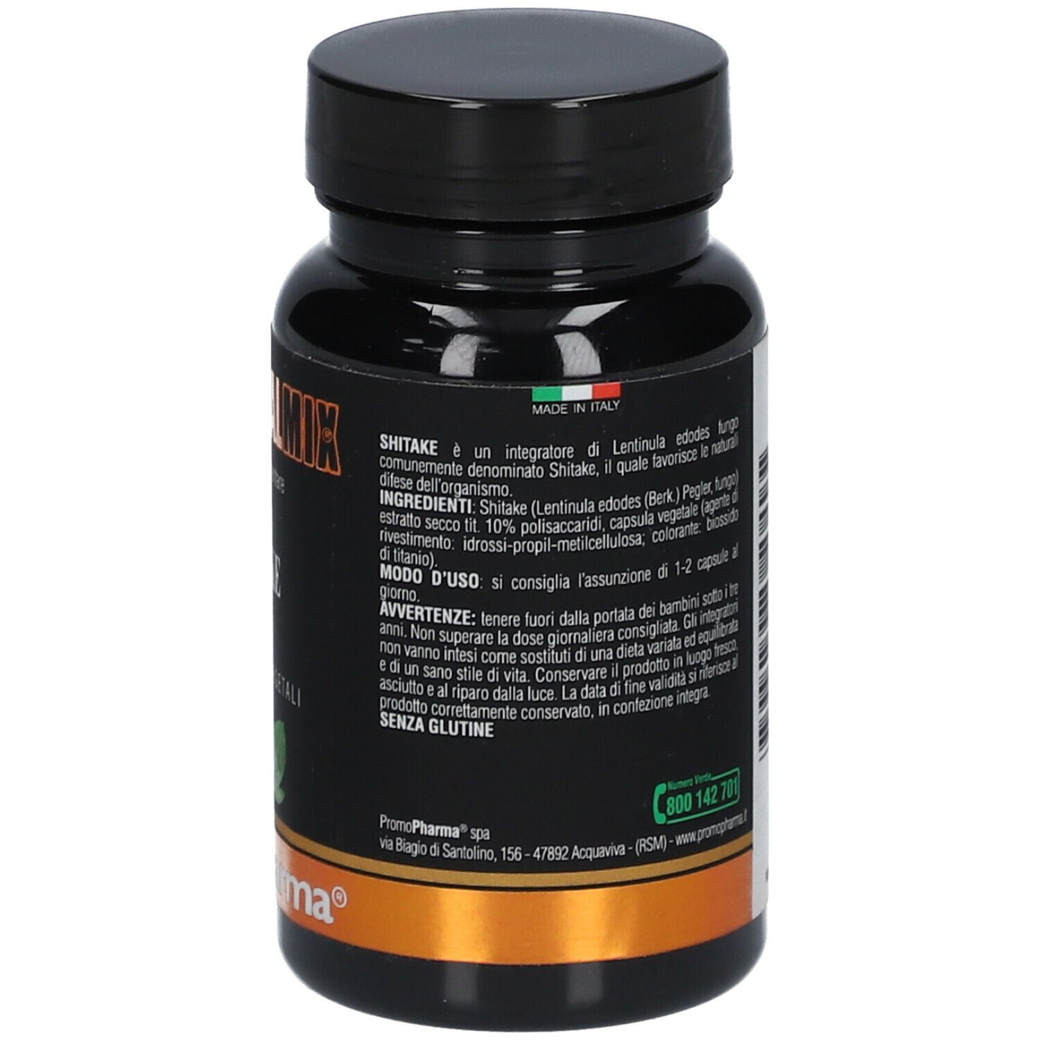 Retro del flacone con informazioni. Scritta: Shitake, 1000 mg. 60 capsule. Marchio PromoPharma.