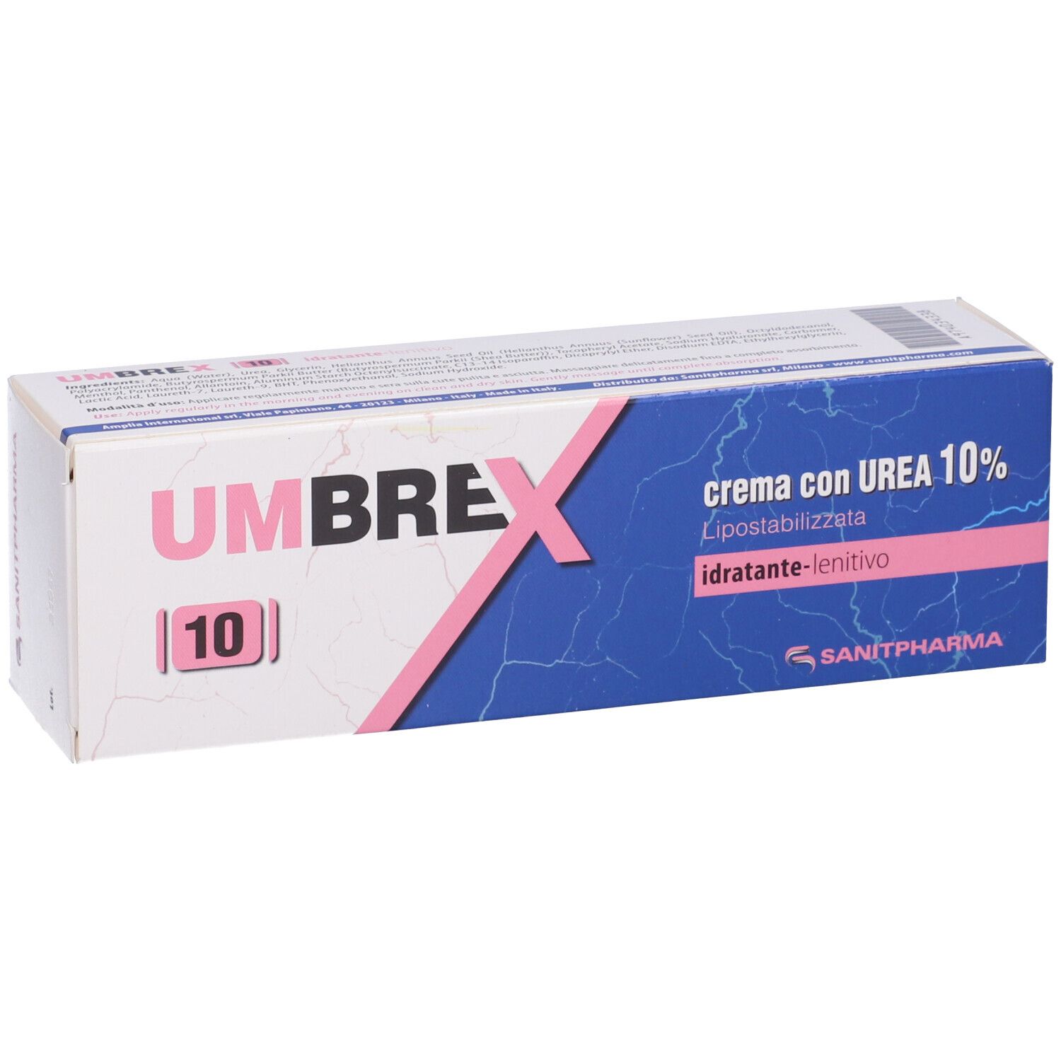 Scatola con scritta Umbrex 10. Elementi blu e rosa. Testo: crema con UREA 10%, idratante-lenitivo. Logo Sanipharm.