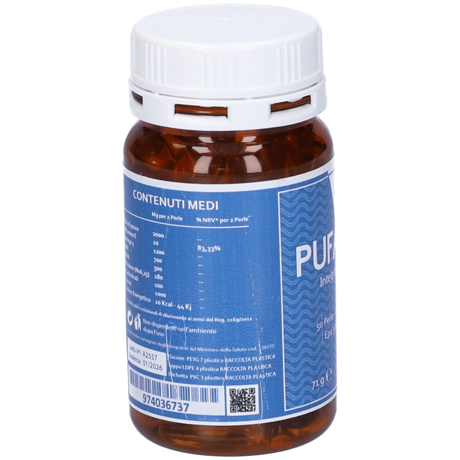 Flacone marrone con tappo bianco. Scritta: PUFATECH. Retro con informazioni nutrizionali e codice QR.