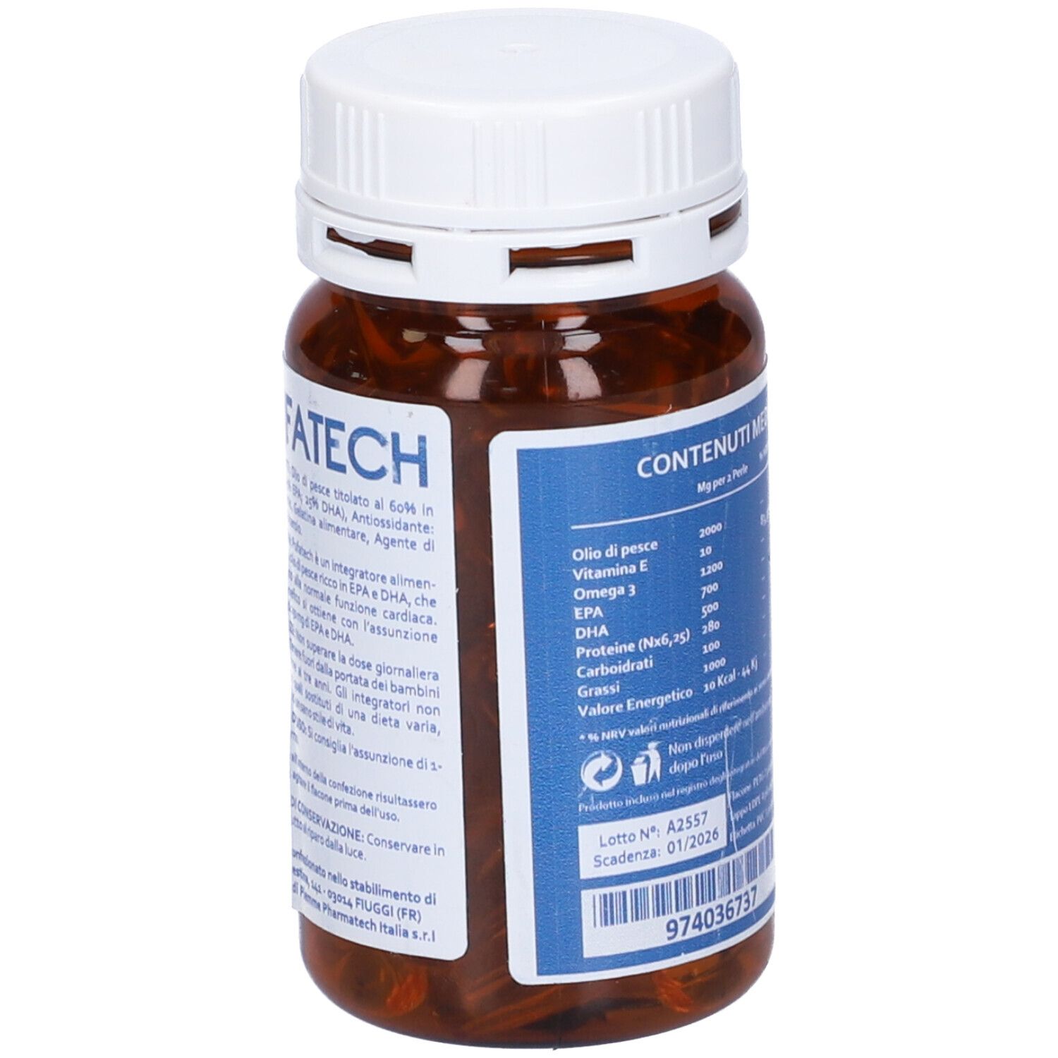 Flacone marrone con tappo bianco. Scritta: PUFATECH. Retro con informazioni nutrizionali e codice QR.
