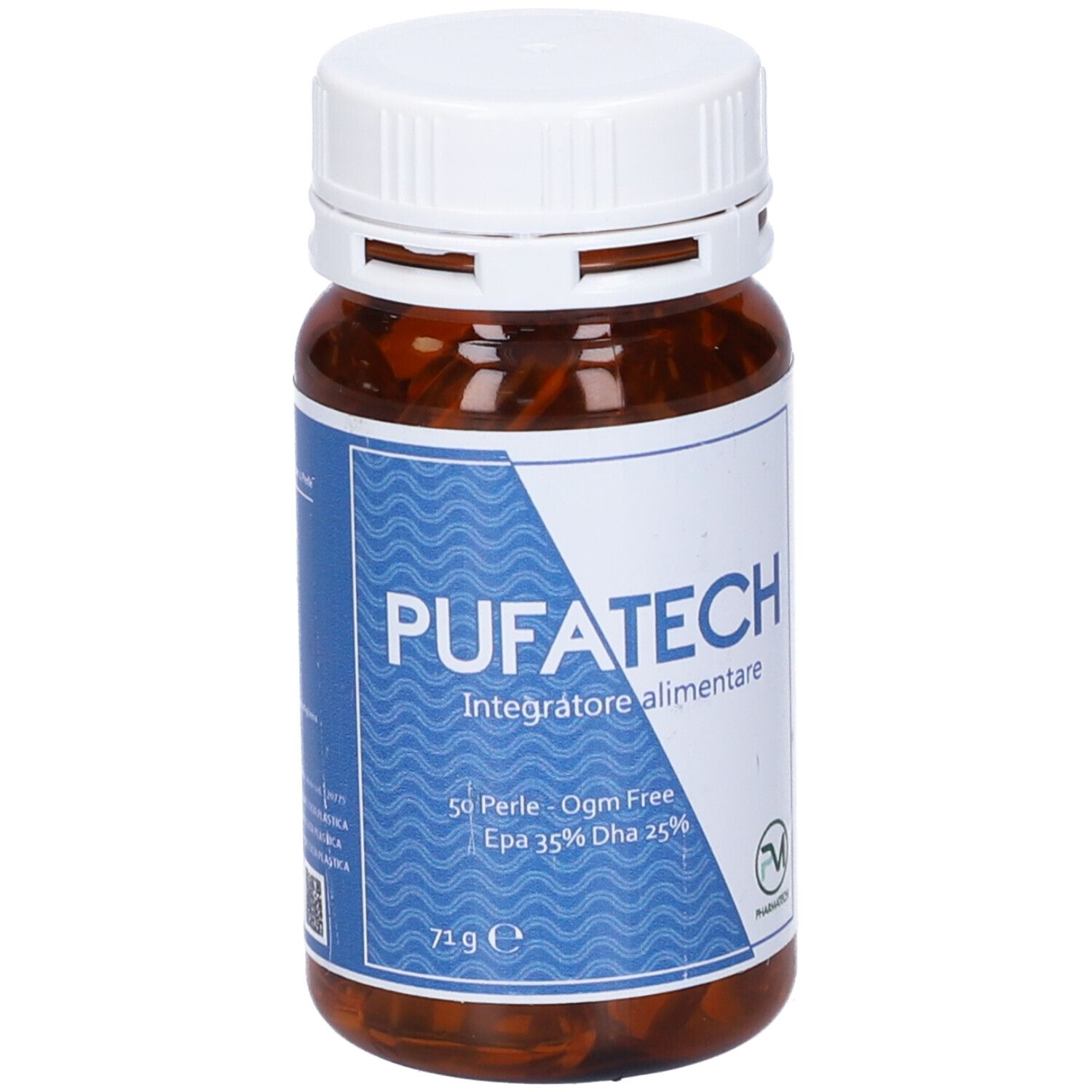 Flacone marrone con tappo bianco. Scritta: PUFATECH, 50 Perle, OGM Free, EPA 35% DHA 25%.
