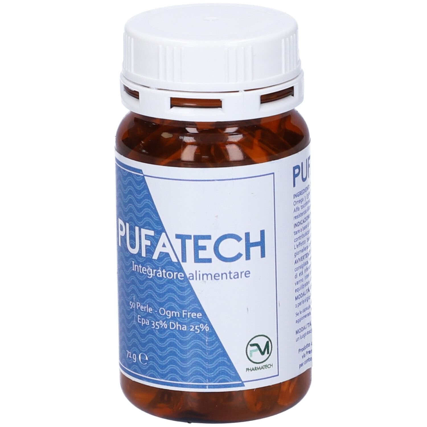 Flacone marrone con tappo bianco. Scritta: PUFATECH, 50 Perle, OGM Free, EPA 35% DHA 25%.
