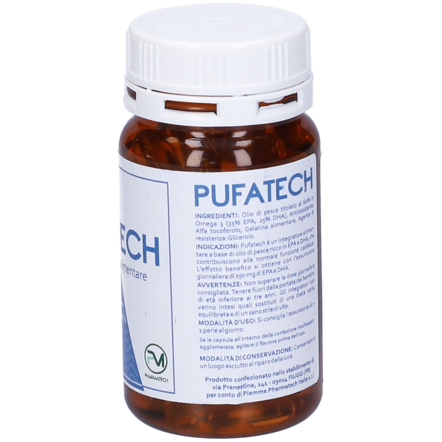 Flacone marrone con tappo bianco. Scritta: PUFATECH. Retro con informazioni e istruzioni per l'uso.