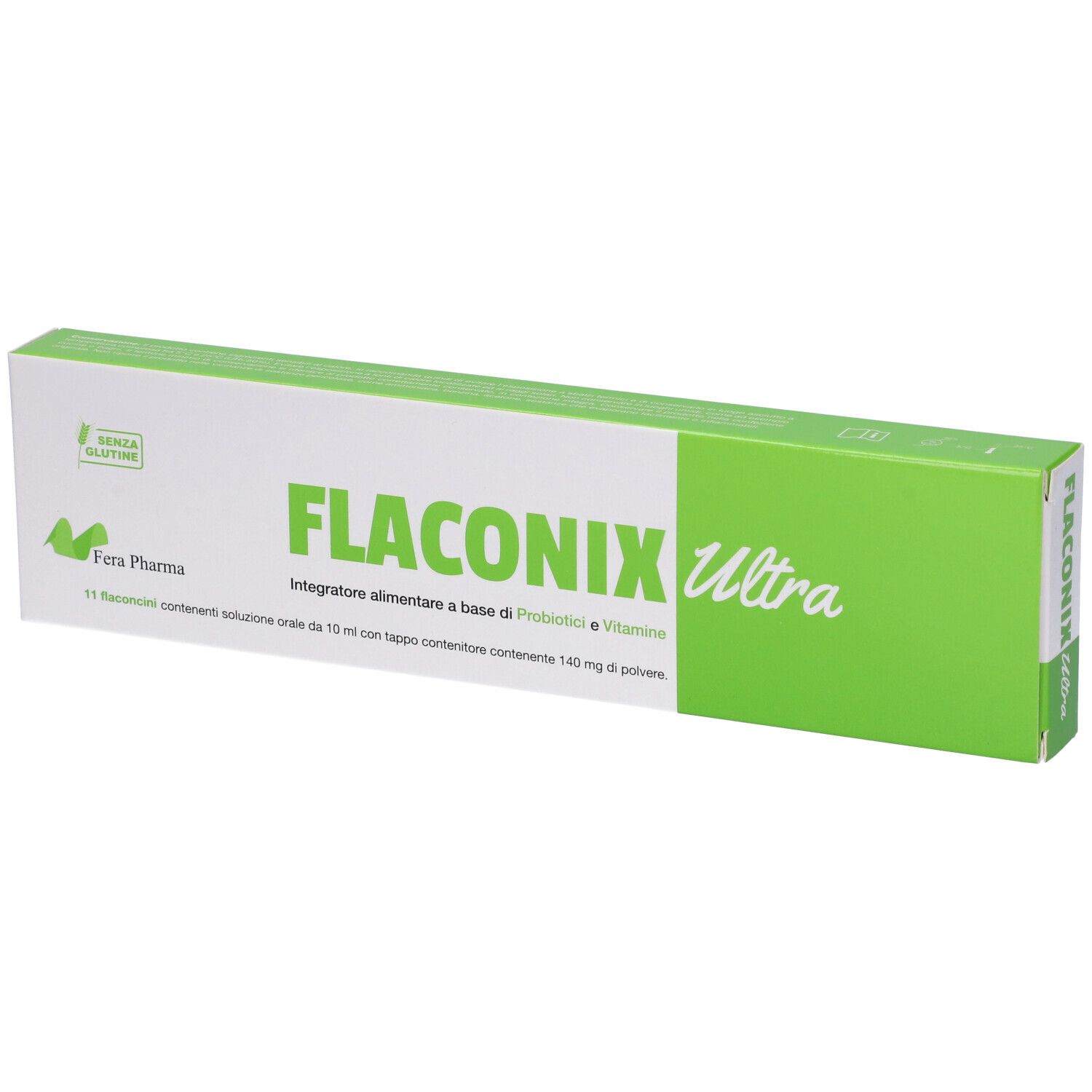 Scatola bianca con striscia verde. Scritta Flaconix Ultra. Contiene 11 flaconcini. Senza glutine.