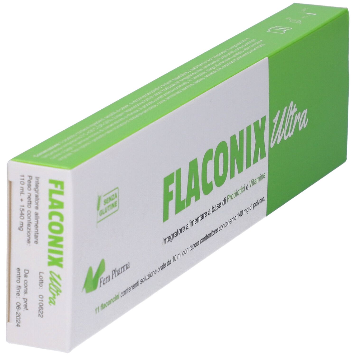 Scatola, bianca e verde. Scritta Flaconix Ultra. Contiene 11 flaconcini. Senza glutine.