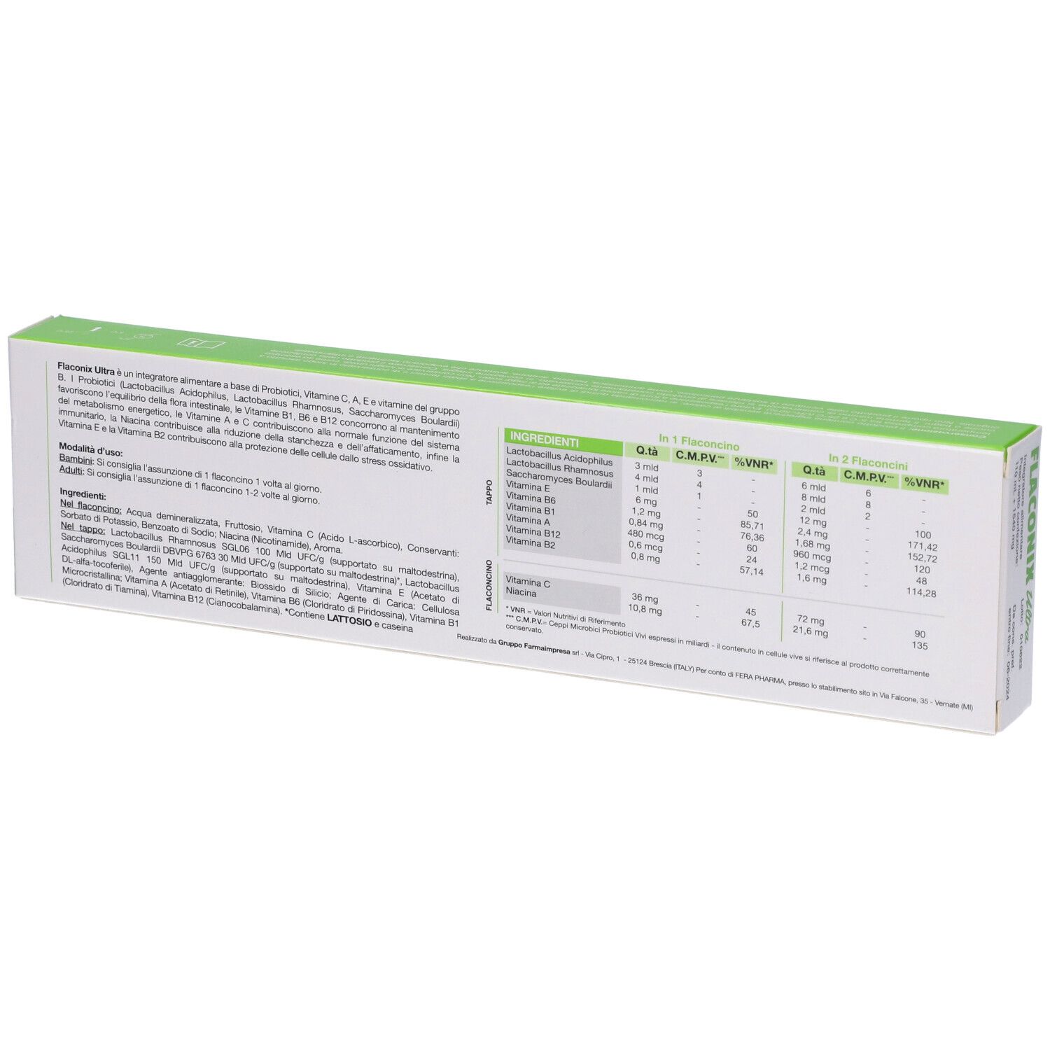 Scatola, bianca e verde. Scritta Flaconix Ultra. Contiene 11 flaconcini. Senza glutine.
