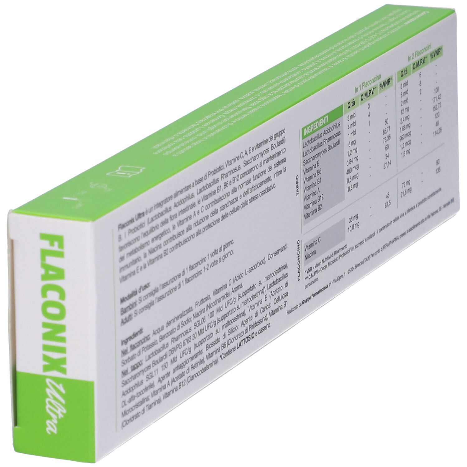 Retro della scatola. Testo e tabelle. Scritta Flaconix Ultra. Contiene 11 flaconcini.