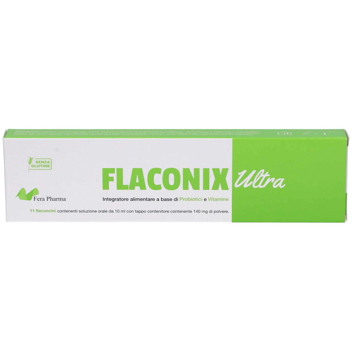 Retro della scatola. Testo e tabelle. Scritta Flaconix Ultra. Contiene 11 flaconcini.