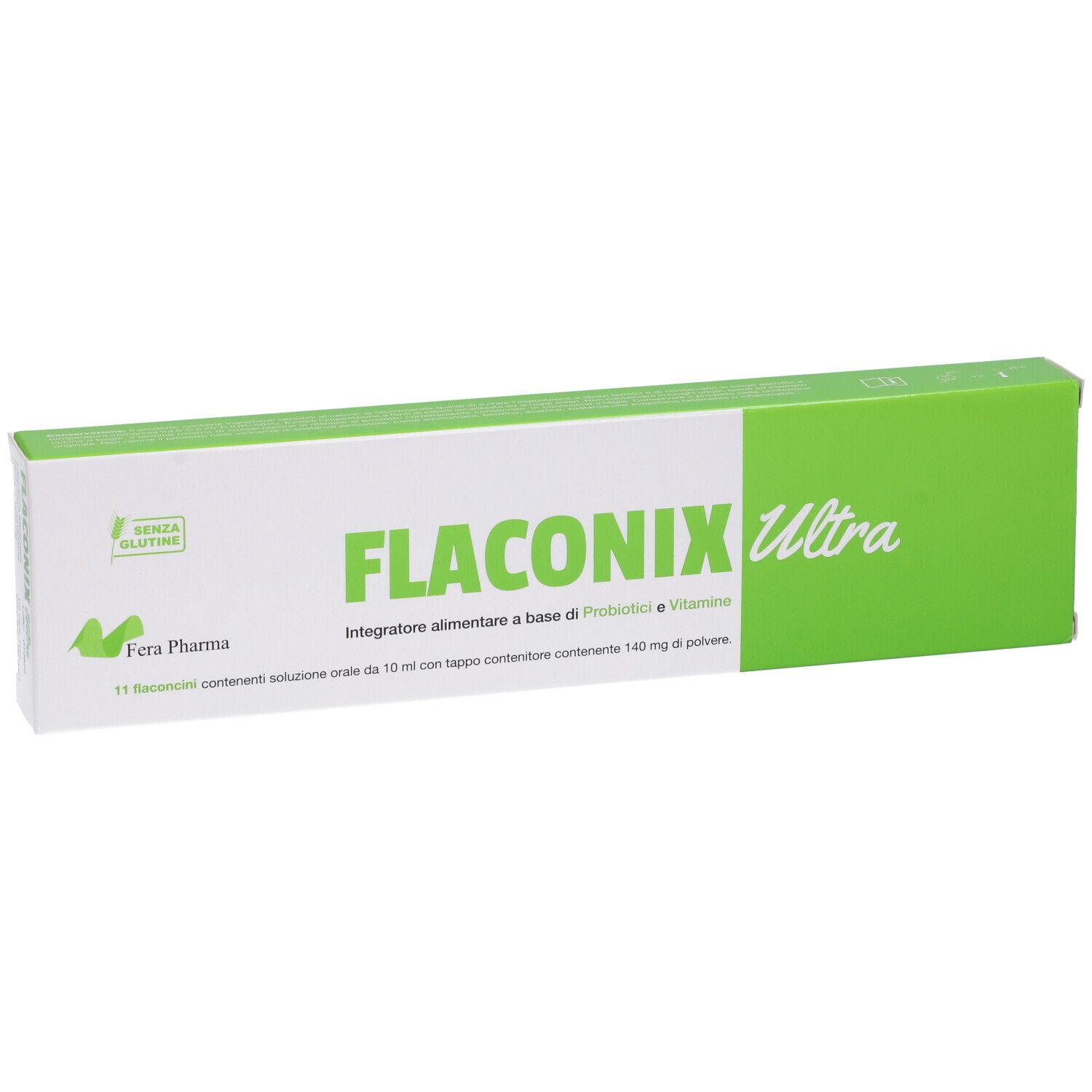 Scatola bianca con striscia verde. Scritta Flaconix Ultra. Contiene 11 flaconcini. Senza glutine.