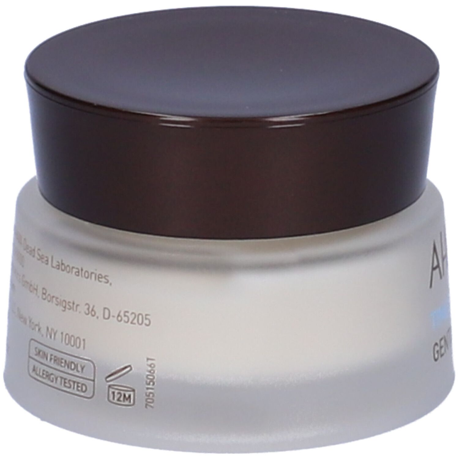 Vasetto di crema per occhi AHAVA, retro con testo. Scritta: Skin Friendly, Allergy Tested, 12M.