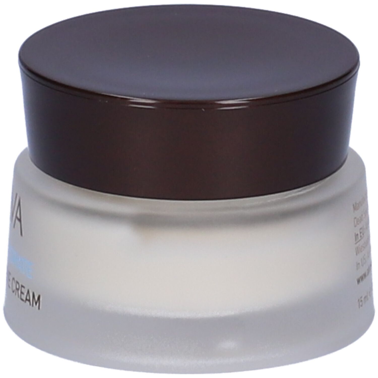 Vasetto di crema per occhi AHAVA con coperchio marrone. Scritta: AHAVA, TIME TO HYDRATE, GENTLE EYE CREAM.
