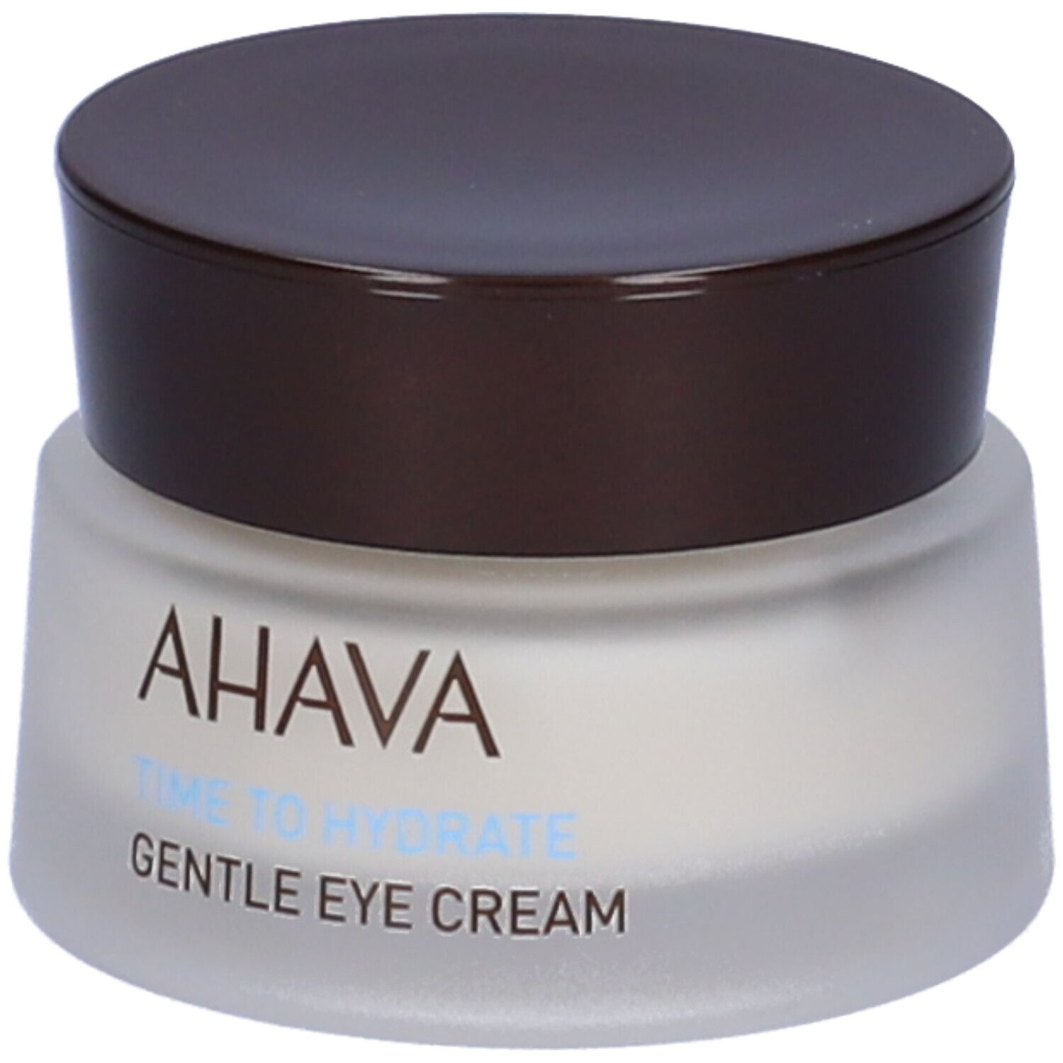 Vasetto di crema per occhi AHAVA con coperchio marrone. Scritta: AHAVA, TIME TO HYDRATE, GENTLE EYE CREAM.
