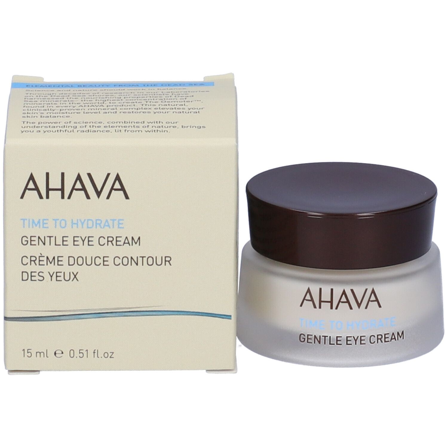 Vasetto di crema per occhi AHAVA e scatola. Scritta: AHAVA, TIME TO HYDRATE, GENTLE EYE CREAM, Crème Douce Contour des Yeux.