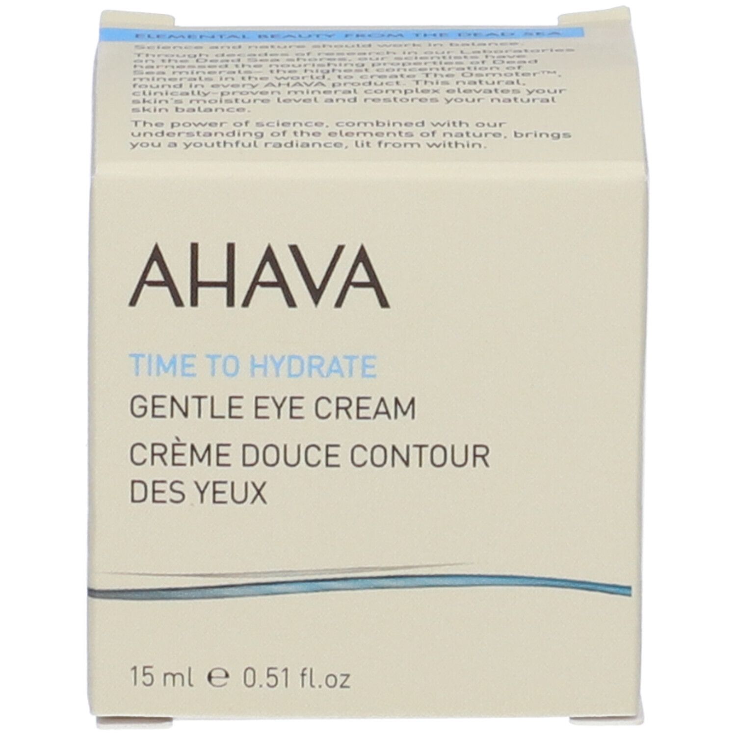 Scatola con testo. Scritta: AHAVA, TIME TO HYDRATE, GENTLE EYE CREAM, Crème Douce Contour des Yeux, 15 ml.