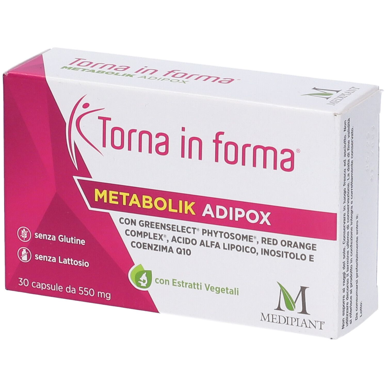 Scatola di Torna in forma Metabolik Adipox. Scatola bianca e rosa con nome del prodotto e ingredienti.