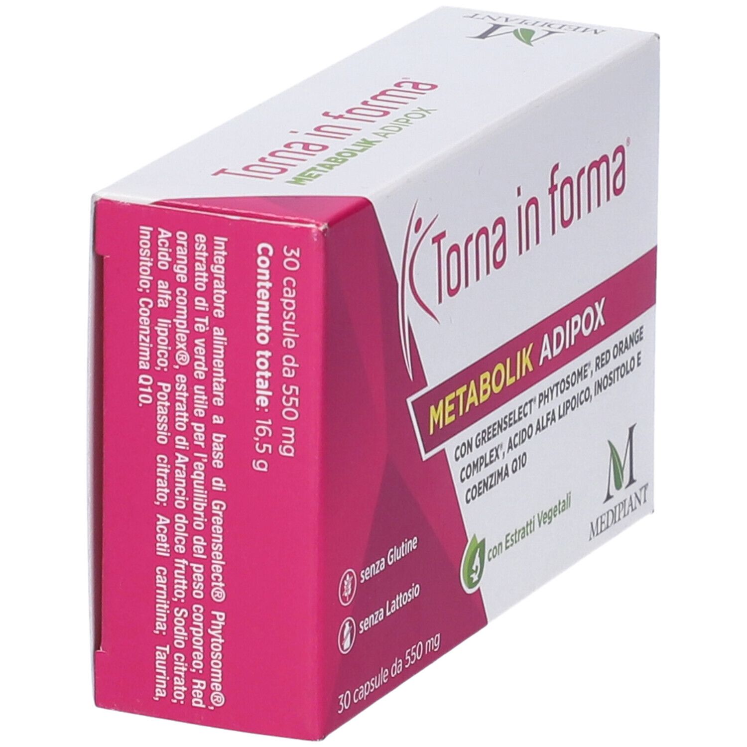 Scatola di Torna in forma Metabolik Adipox. Scatola in prospettiva con nome e ingredienti.