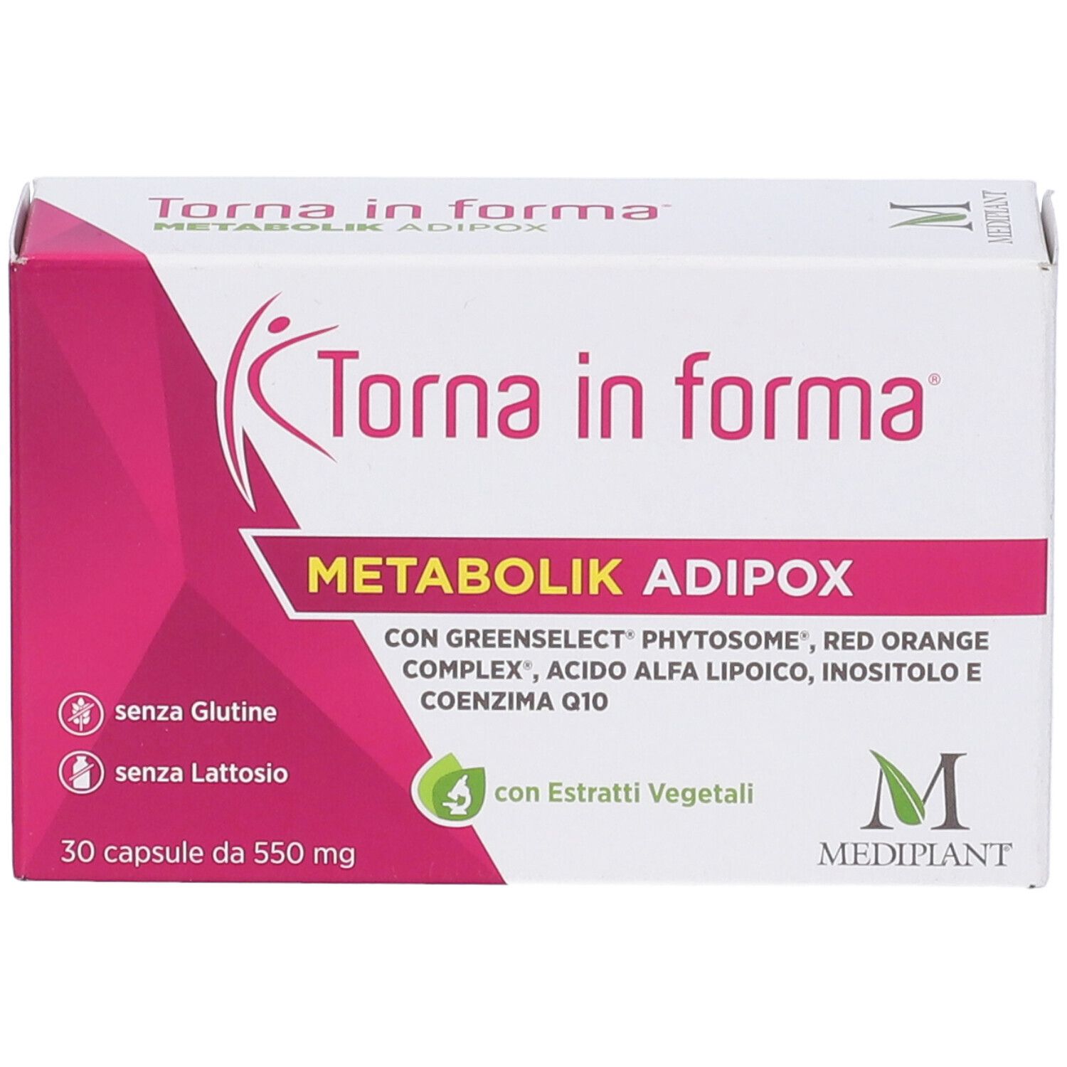 Scatola di Torna in forma Metabolik Adipox. Scatola bianca e rosa con nome del prodotto e ingredienti.