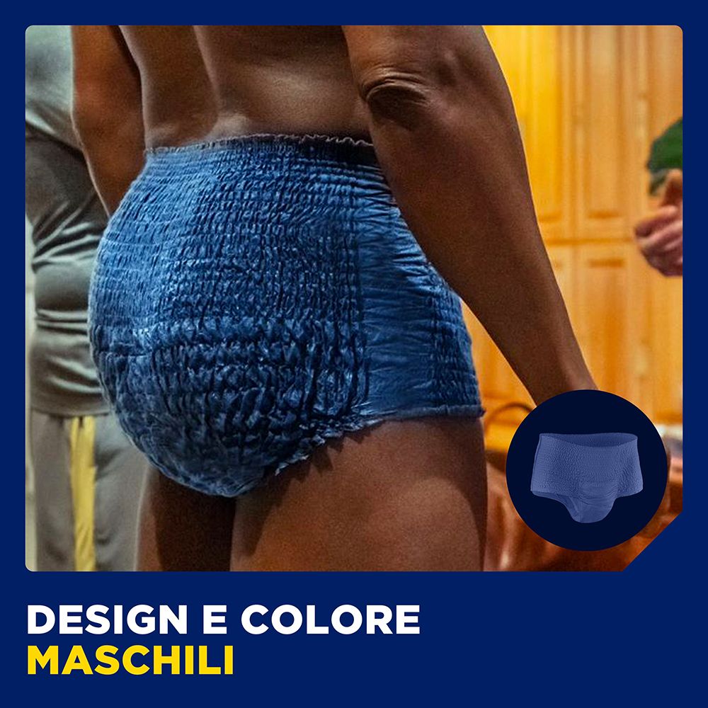 Persona indossa slip per incontinenza blu. Testo: Design e colore maschili. Piccola immagine del prodotto.