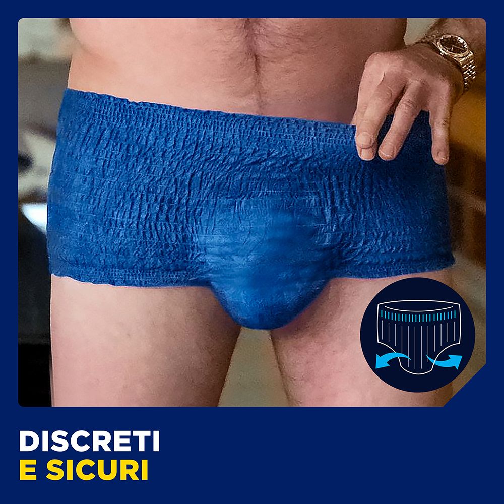 Persona con TENA Men Active Fit Pants blu. Testo: Discreti e sicuri. Logo.