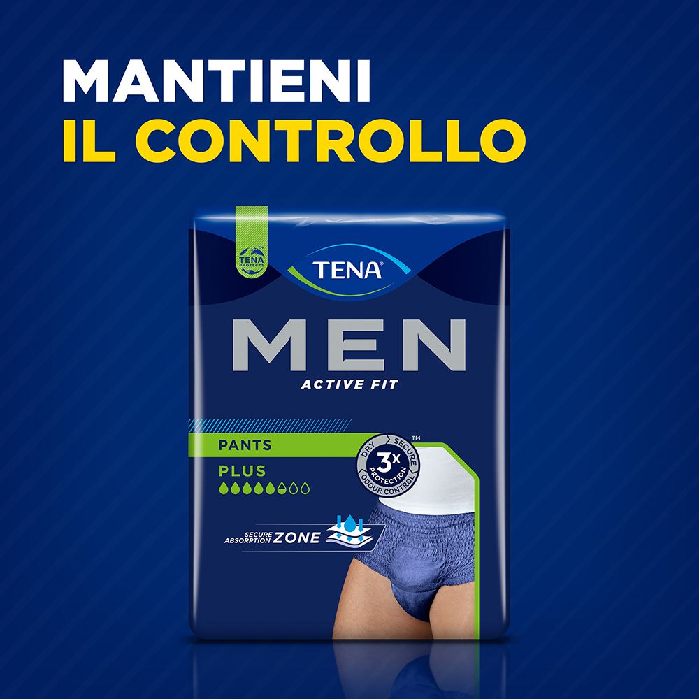 Confezione di TENA Men Active Fit Pants. Testo: Mantieni il controllo. Logo.