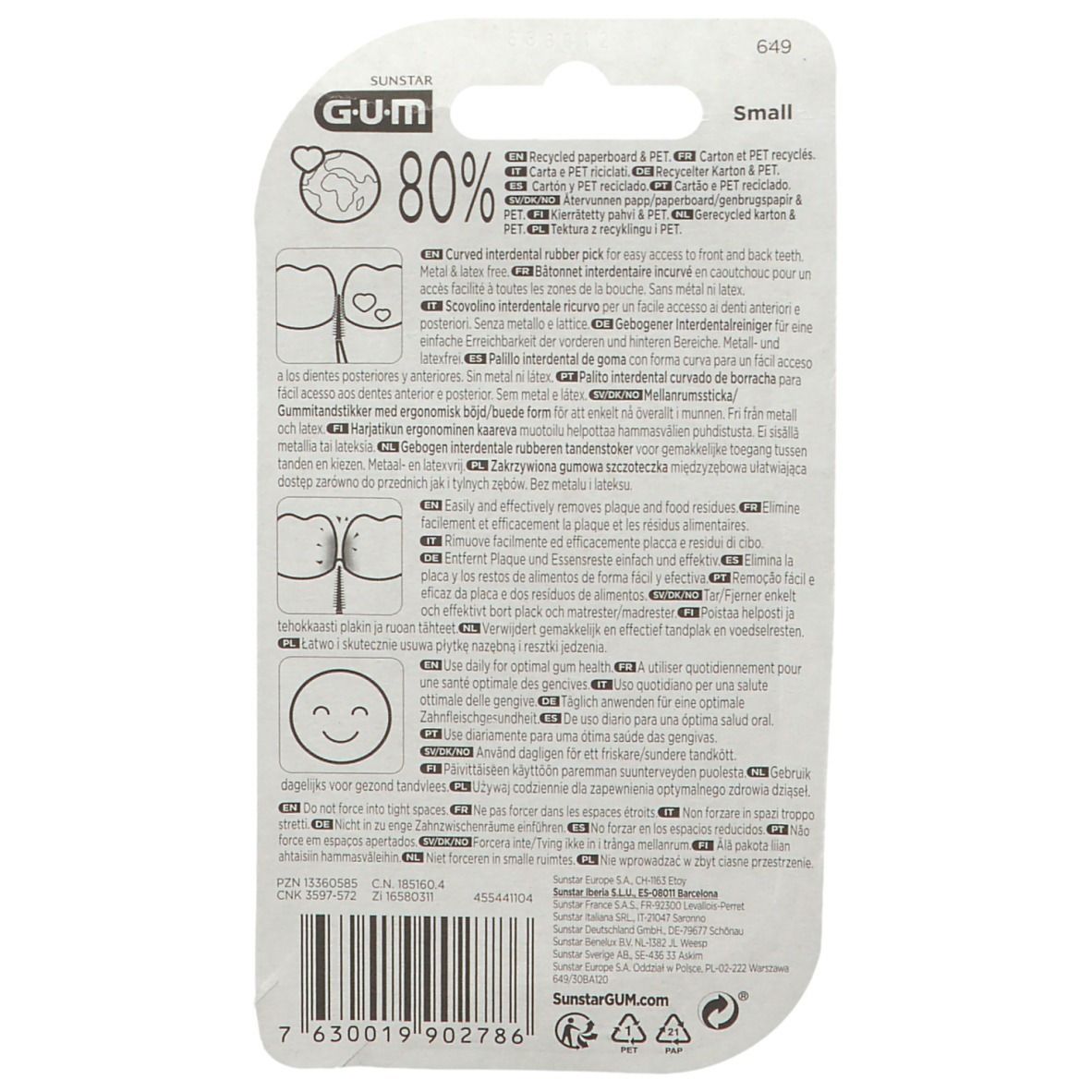 Retro della confezione GUM Soft-Picks Advanced. Testo con informazioni sul prodotto e simboli.