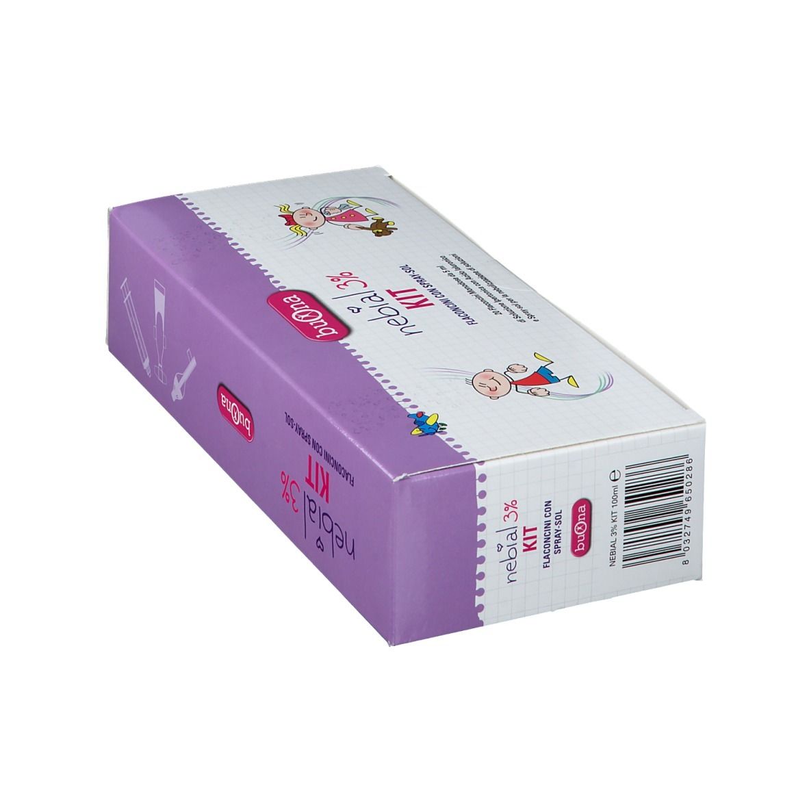 Confezione di Nebial 3% Kit, angolata. Scatola bianca con dettagli viola e nome del prodotto. Vista laterale.
