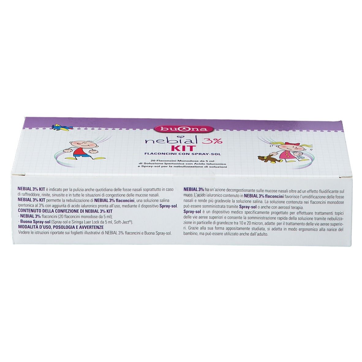 Confezione di Nebial 3% Kit. Scatola bianca con dettagli viola e nome del prodotto. Informazioni testuali sulla superficie.