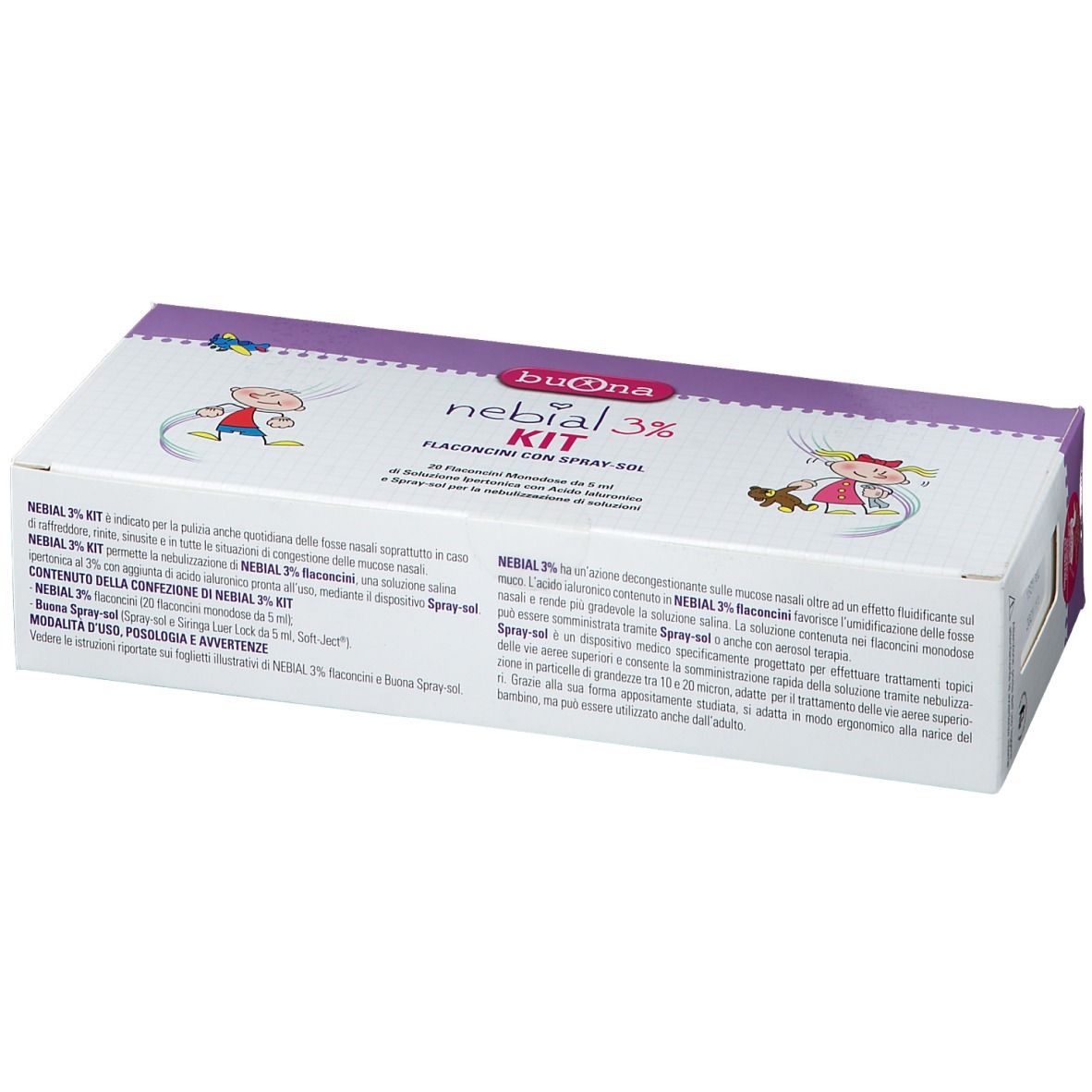 Confezione di Nebial 3% Kit. Scatola bianca con dettagli viola e nome del prodotto. Informazioni testuali e illustrazioni.