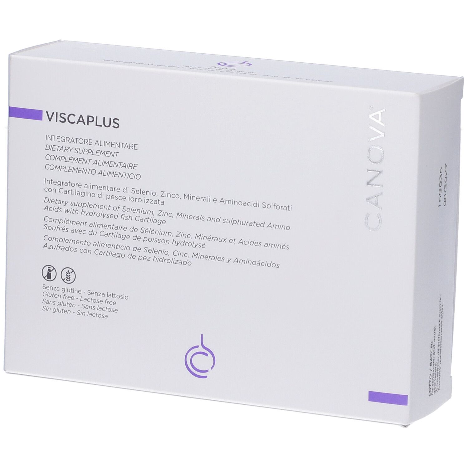 Scatola bianca con Viscaplus e logo Canova. Contiene informazioni sugli ingredienti.