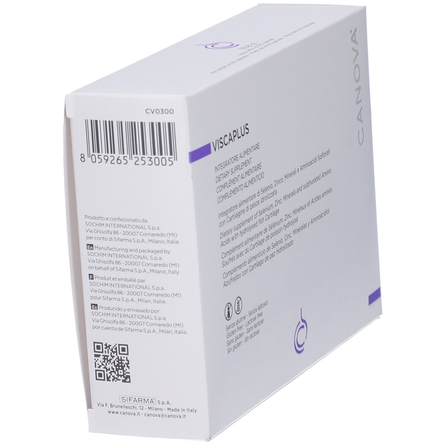 Scatola bianca con codice a barre, QR code e informazioni sul prodotto. Contiene il logo Canova.