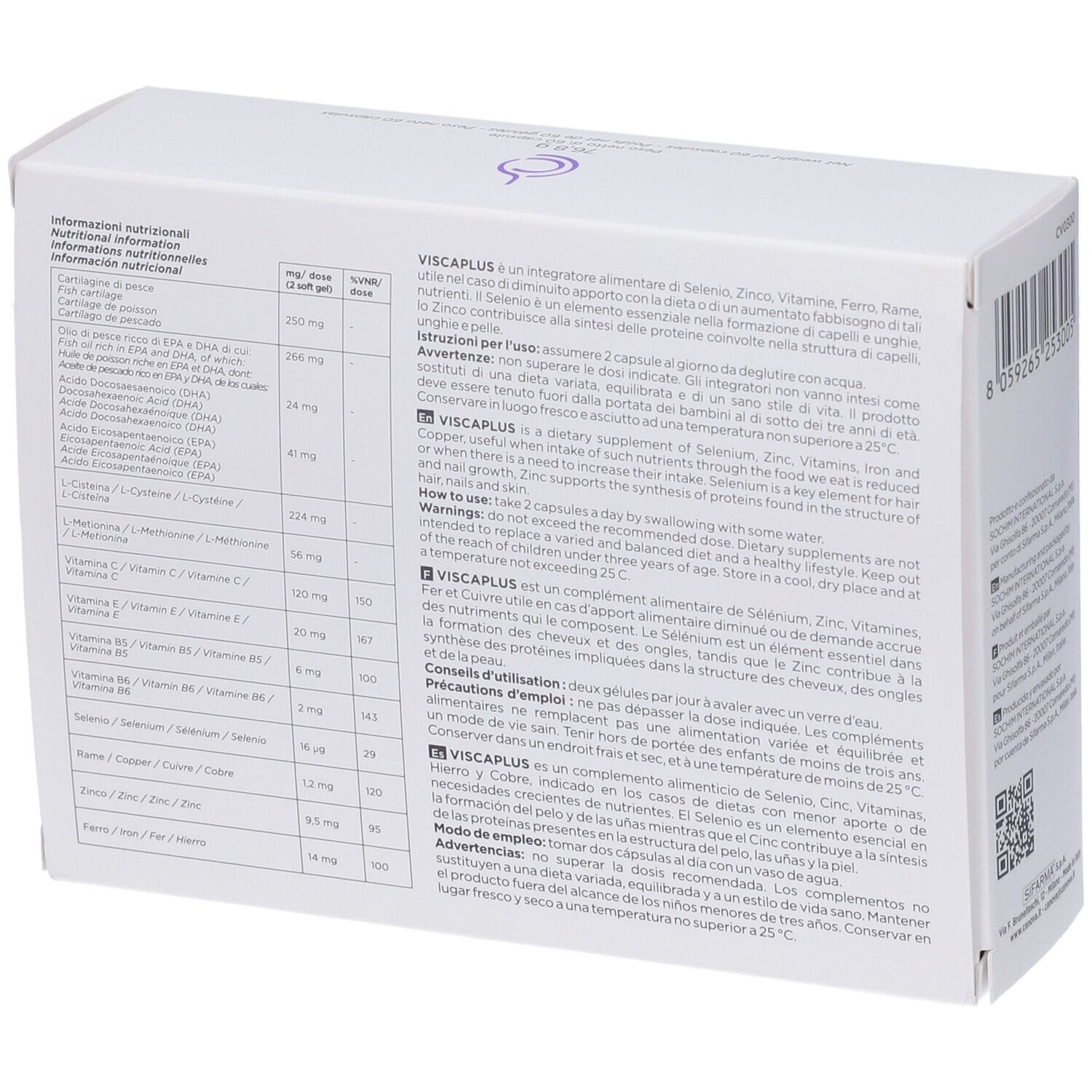 Scatola bianca con informazioni nutrizionali e istruzioni. Contiene il logo Canova.