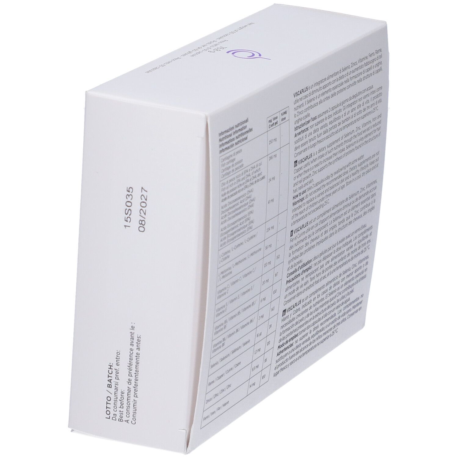 Scatola bianca con informazioni sugli ingredienti e data di scadenza. Logo Canova.