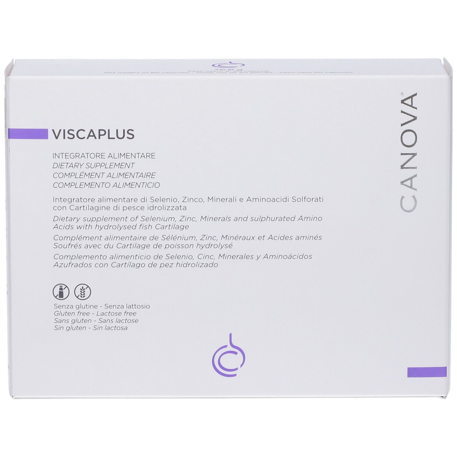 Scatola bianca con Viscaplus e logo Canova. Contiene informazioni sugli ingredienti.