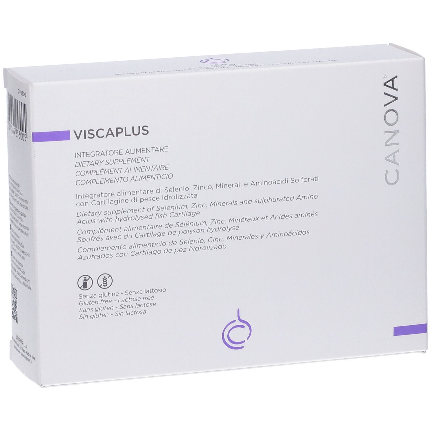 Scatola bianca con Viscaplus e logo Canova. Contiene informazioni sugli ingredienti.