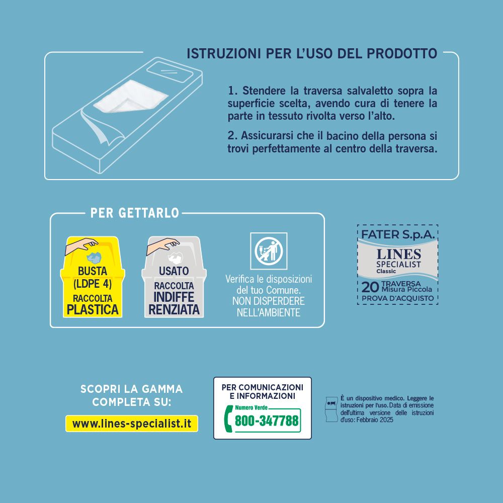 Istruzioni per l'uso del prodotto. Istruzioni per lo smaltimento. Informazioni di contatto e indirizzo del sito web.